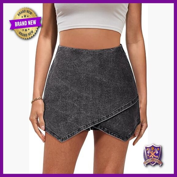 Pants - High Waisted Denim Skort Pull On Stretchy Wrap Asymmetrical Skirt Shorts